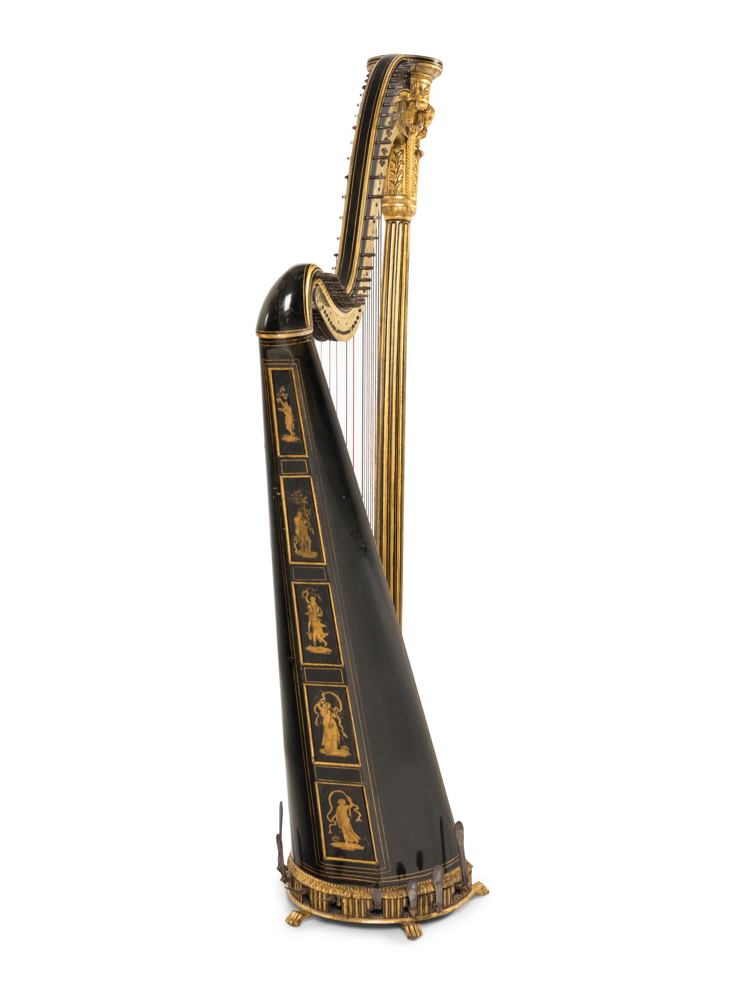 A Regency Brass Mounted, Stencil Decorated, Parcel Gilt and Ebonized Harp