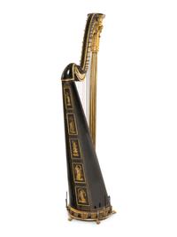 A Regency Brass Mounted, Stencil Decorated, Parcel Gilt and Ebonized Harp