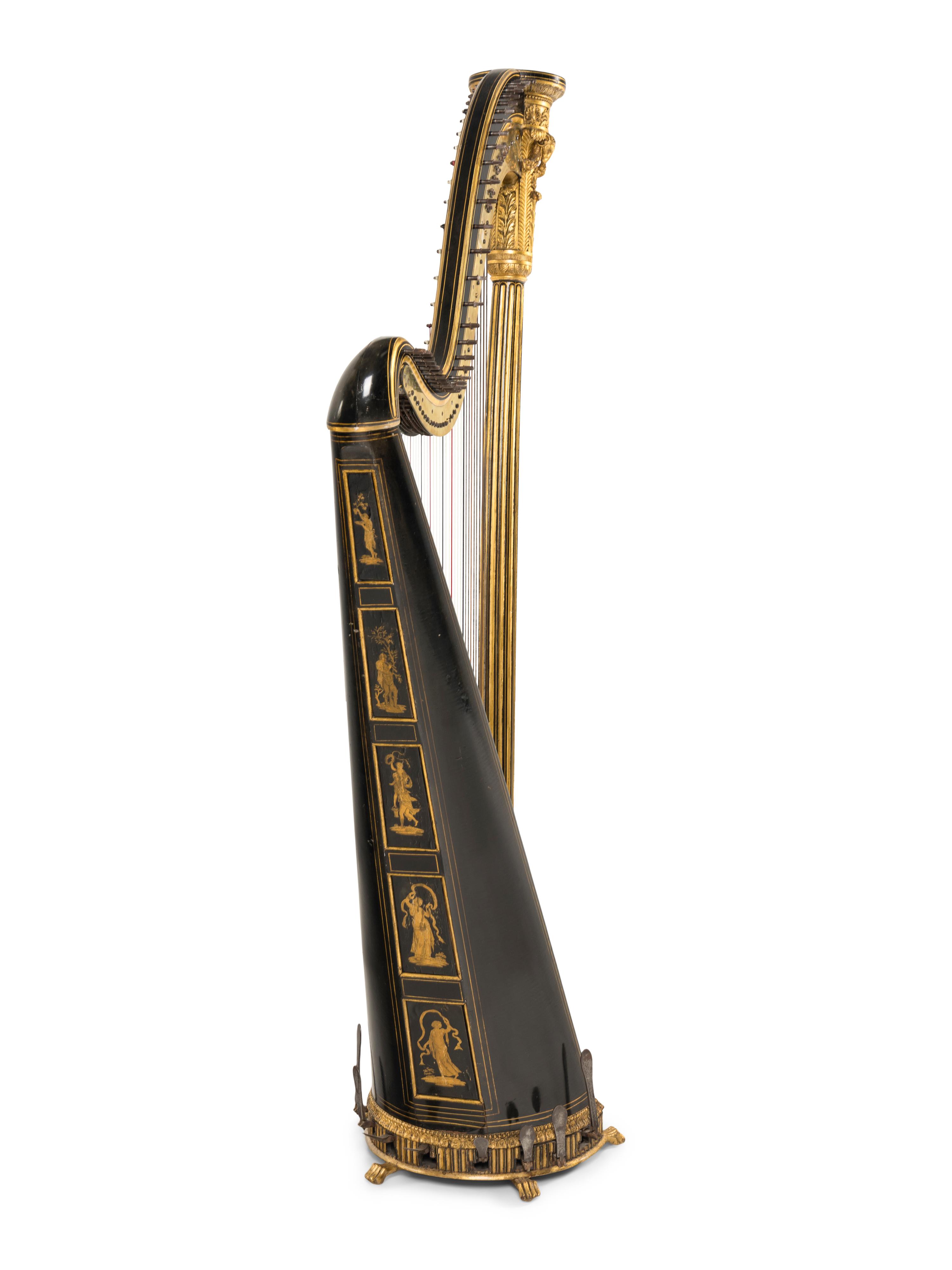 A Regency Brass Mounted, Stencil Decorated, Parcel Gilt and Ebonized Harp