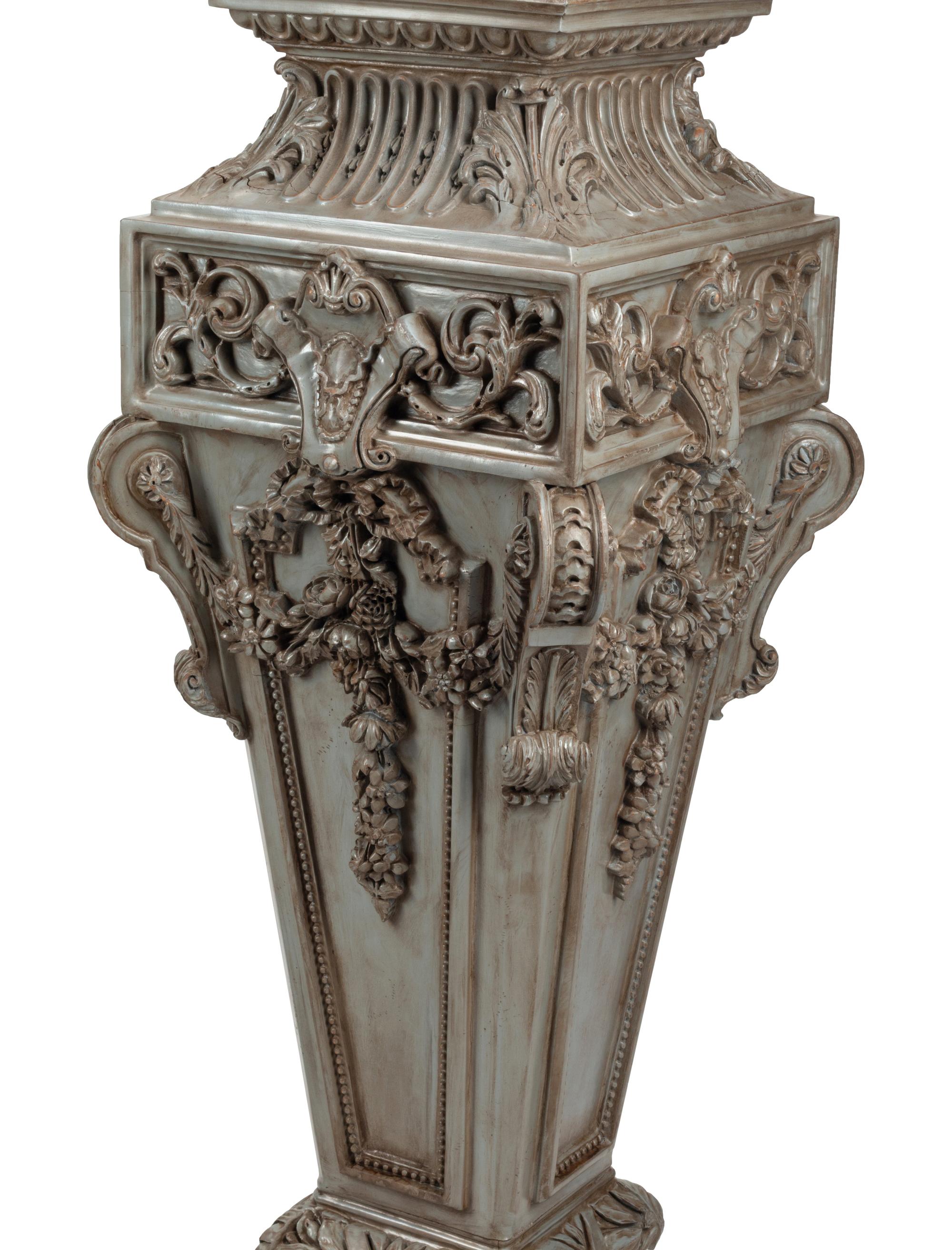 A Pair of Louis XIV Style Gray-Painted Marble-Top Pedestals