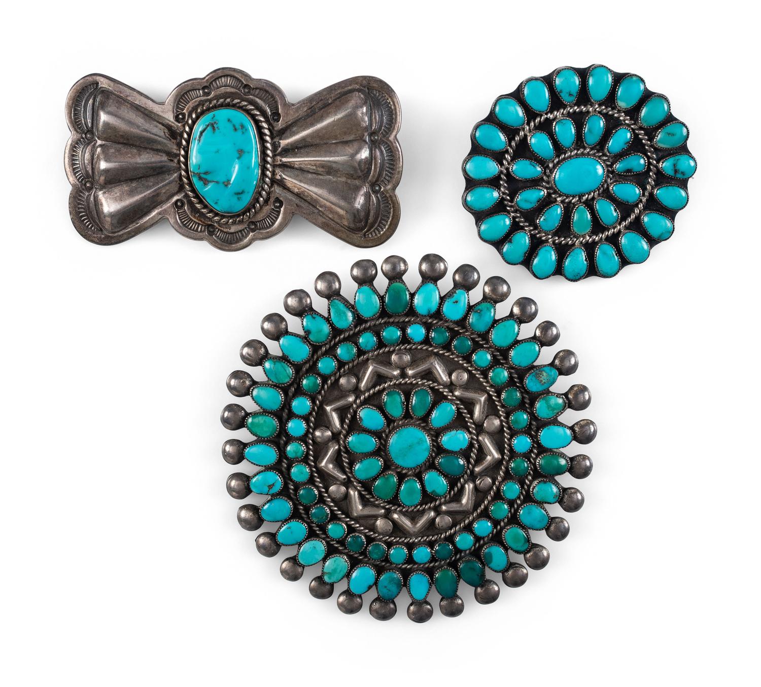 Navajo and Zuni Silver and Turquoise Brooches / Pins