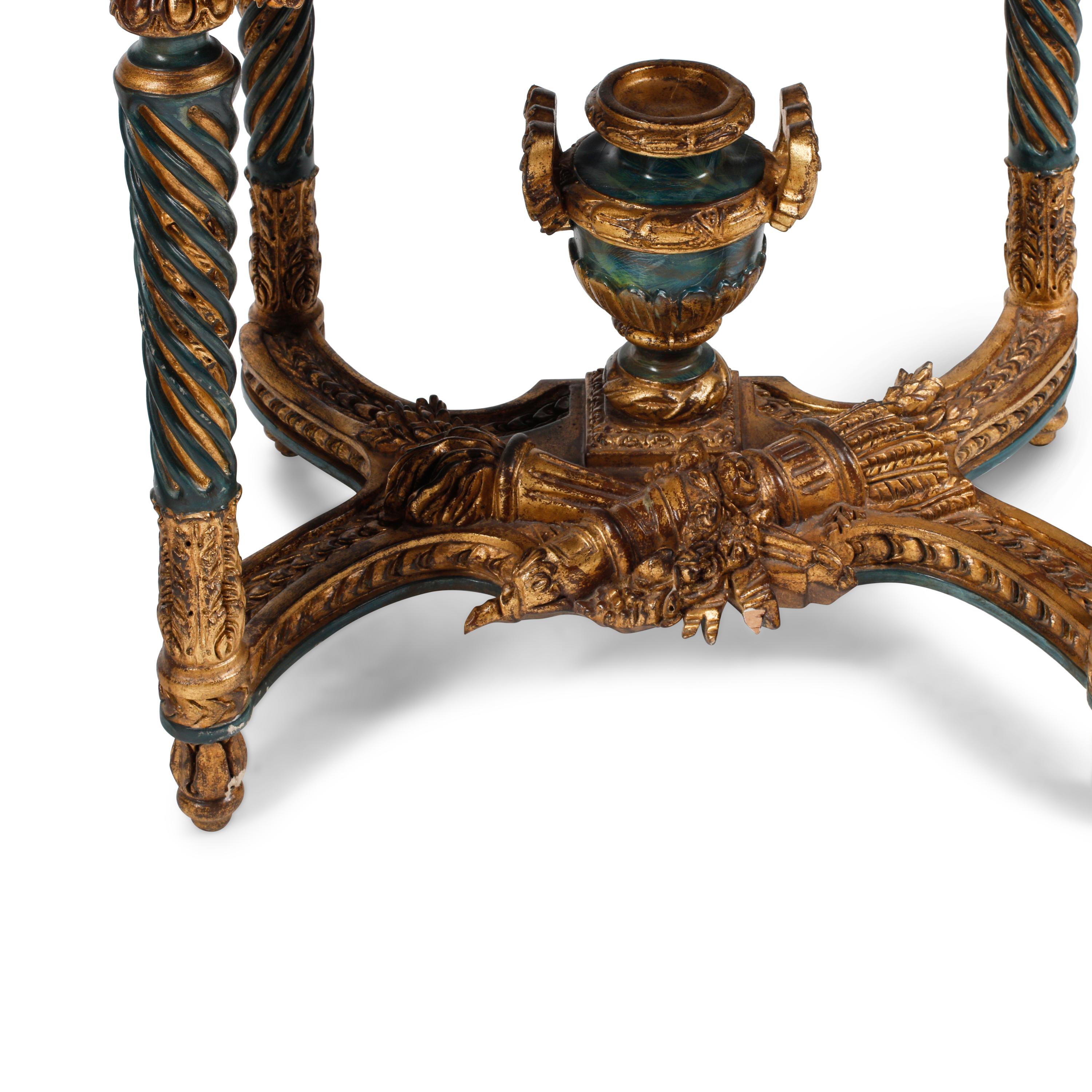A Pair of Italian Neoclassical Style Green-Painted and Parcel Gilt Marble-Top Tables