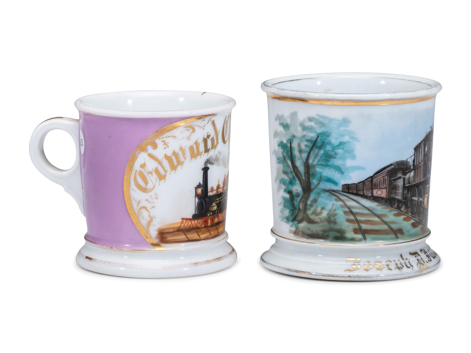 Two Railroad Worker's Porcelain Occupational Shaving Mugs