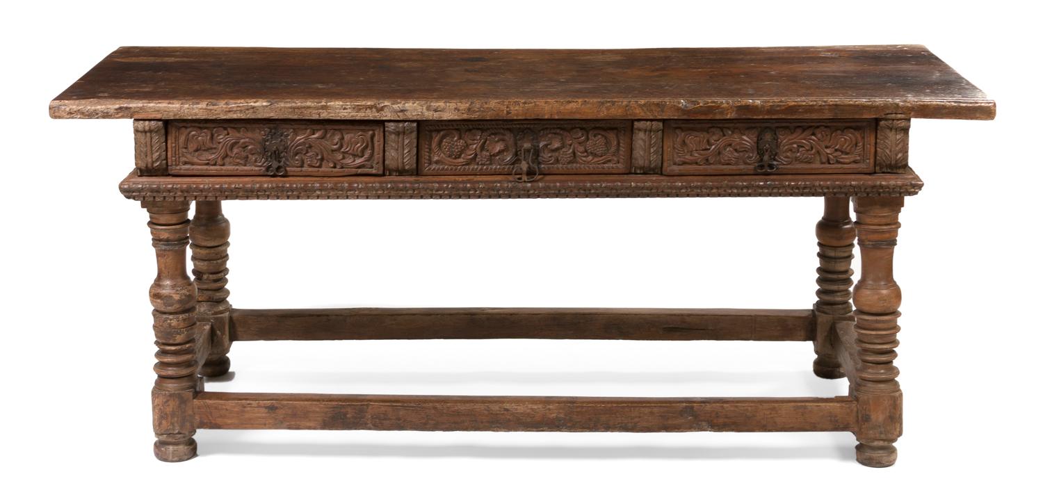 A Spanish Baroque Carved Walnut Console Table, Height 33 x width 80 x depth 30 1/4 inches.