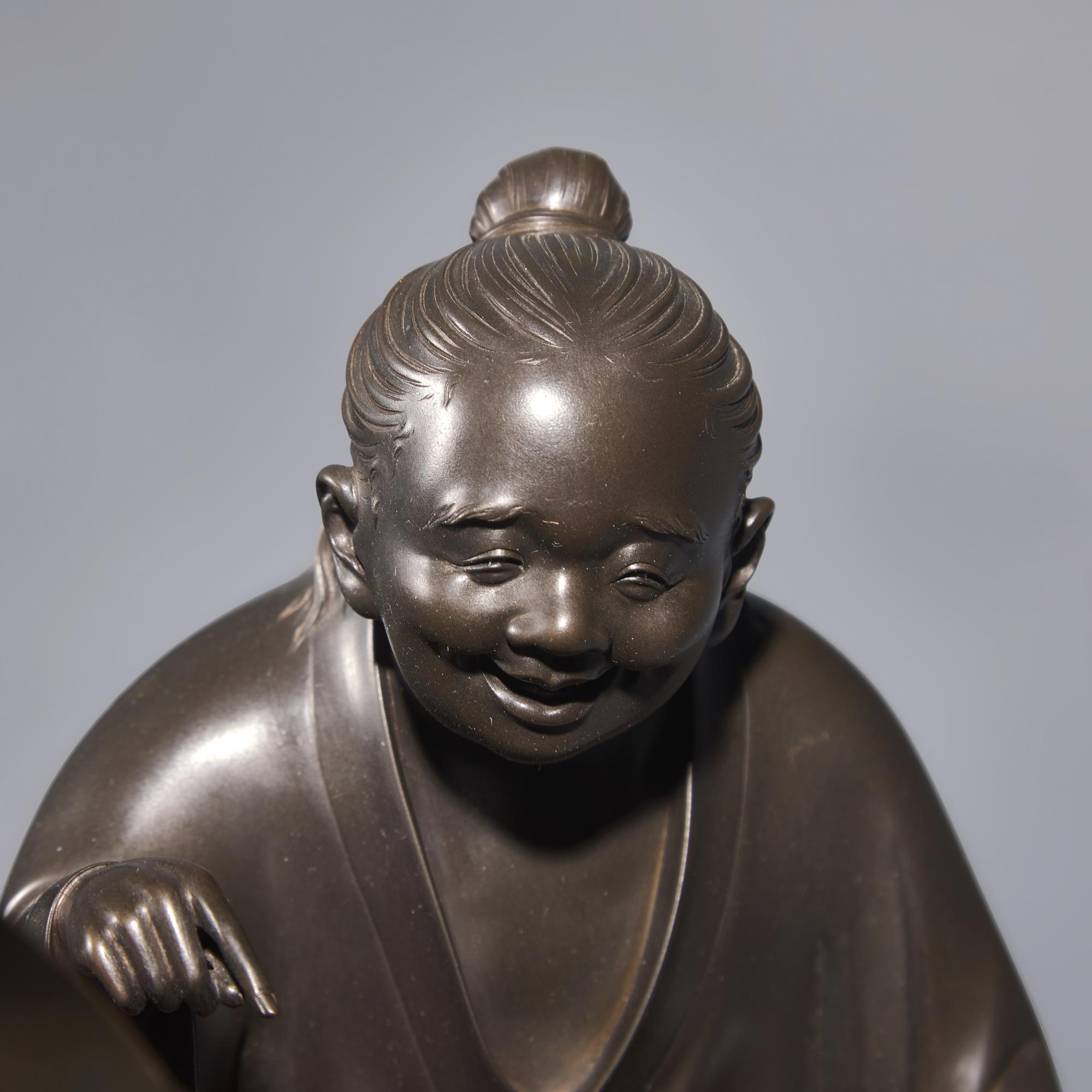 A Fine Pair of Japanese Patinated Bronze Figures of Kanzan and Jittoku, Yamashita Josetsu, Late Meiji-Taisho Period — 日本明治晚期-大正時代 正光軒如雪銅像一組