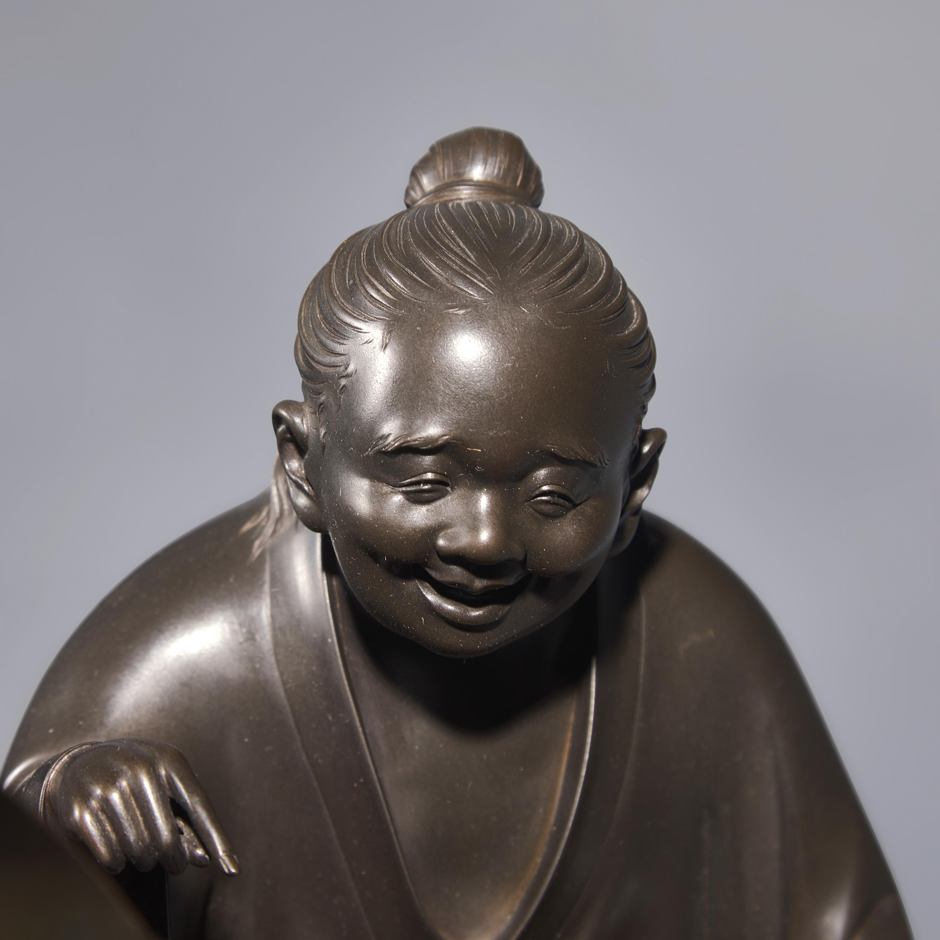 A Fine Pair of Japanese Patinated Bronze Figures of Kanzan and Jittoku, Yamashita Josetsu, Late Meiji-Taisho Period — 日本明治晚期-大正時代 正光軒如雪銅像一組