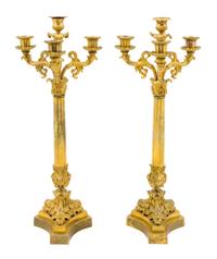A Pair of Neoclassical Gilt Bronze Four-Light Candelabra Height 21 1/2 inches.