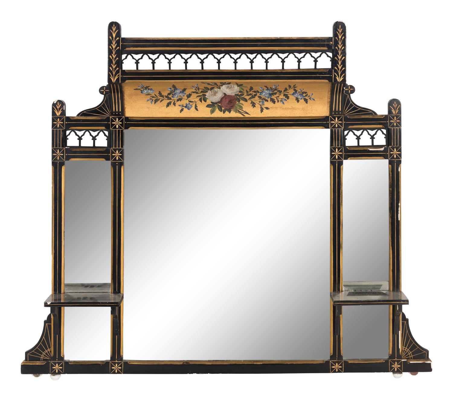 A Victorian Ebonized, Polychrome Painted and Parcel Gilt Overmantel Mirror