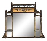 A Victorian Ebonized, Polychrome Painted and Parcel Gilt Overmantel Mirror