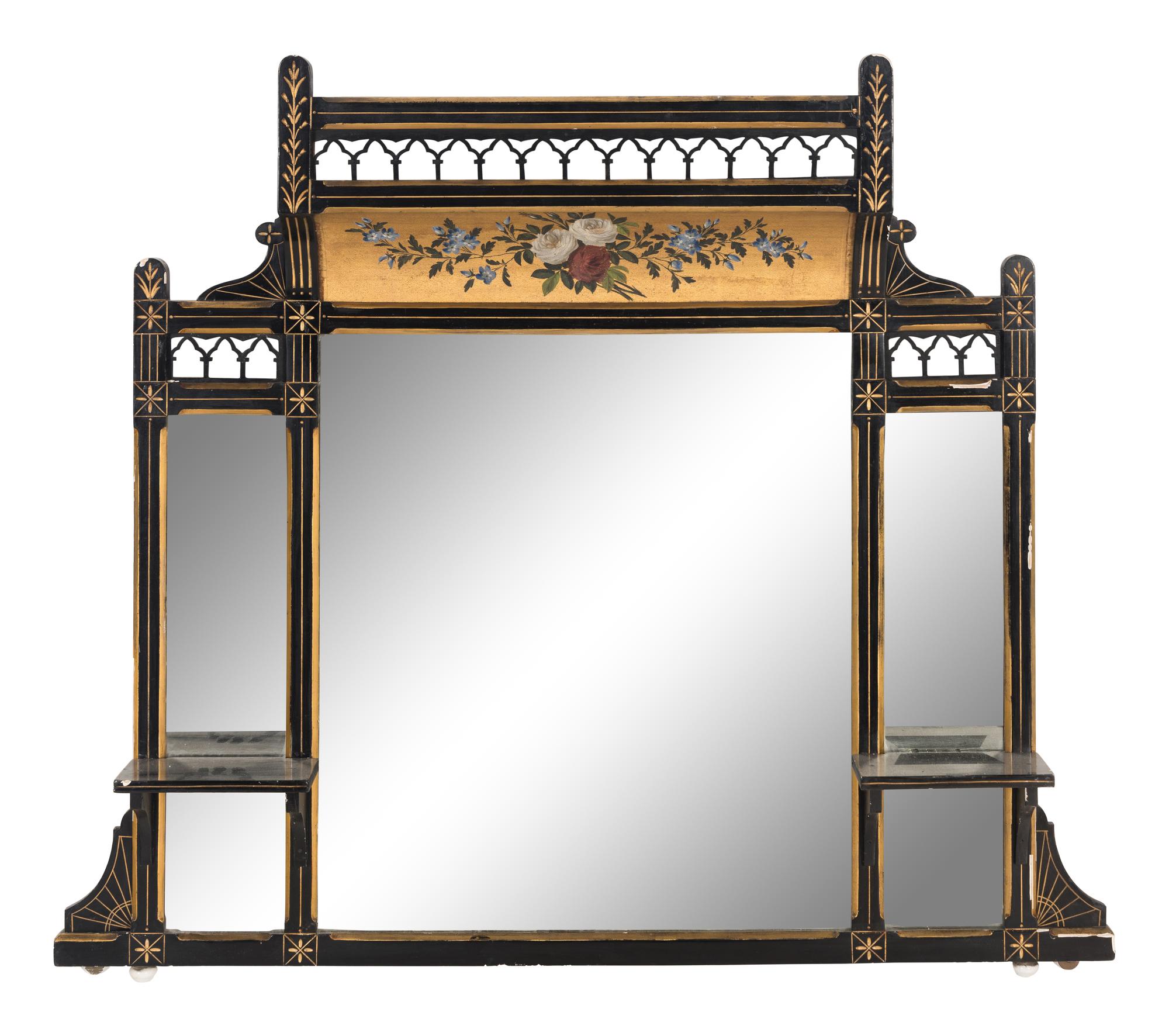 A Victorian Ebonized, Polychrome Painted and Parcel Gilt Overmantel Mirror