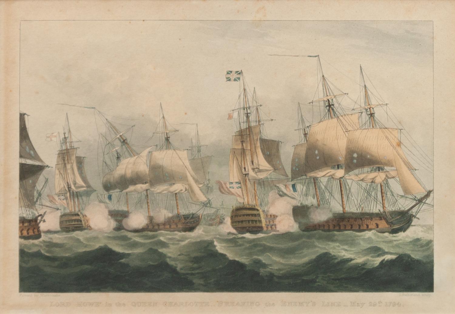 Three Nautical Color Engravings: Lord Howe in the Queen Charlotte, Bombardment of Algiers and Capture & Destruction of Four Spanish Frigates