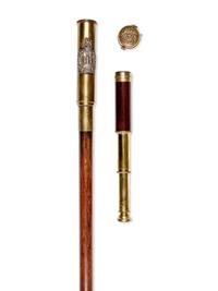 A British Silvered Metal Mounted Brass Explorer's Walking Stick
