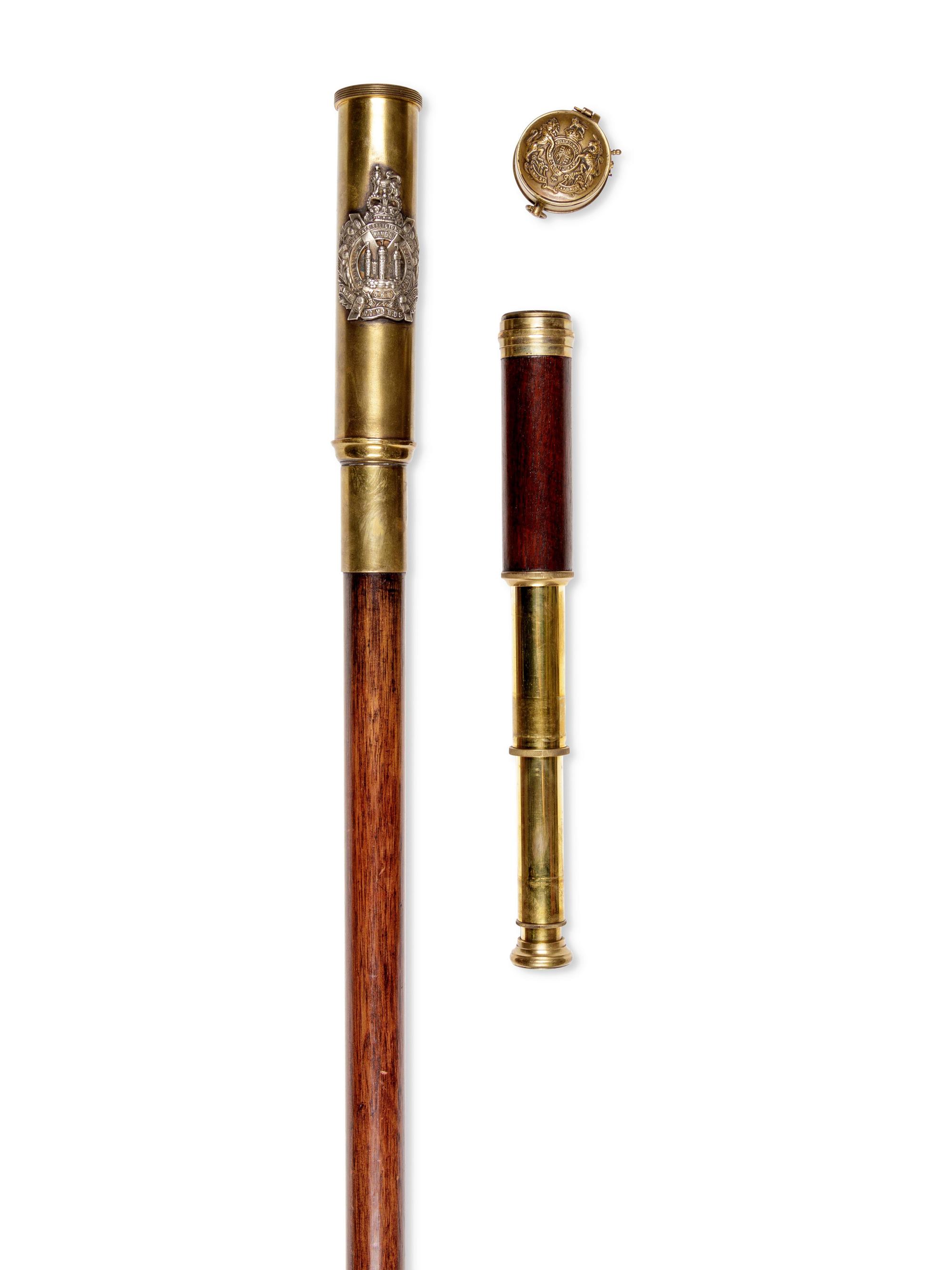 A British Silvered Metal Mounted Brass Explorer's Walking Stick