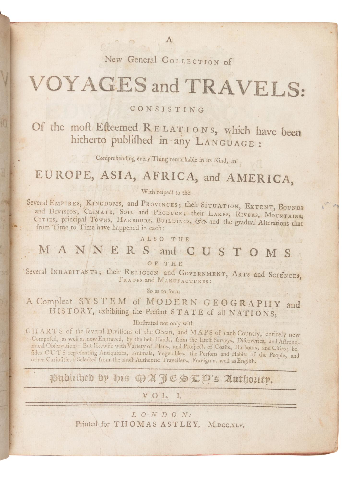 [Travel & Exploration]. Green, John (d. 1757), editor. A New General Collection of Voyages and Travels consisting of the most esteemed relations which have hitherto been published in any language, comprehending every thing remarkable in its kind in Europe, Asia, Africa and America... London: for Thomas Astley, 1745-1747.