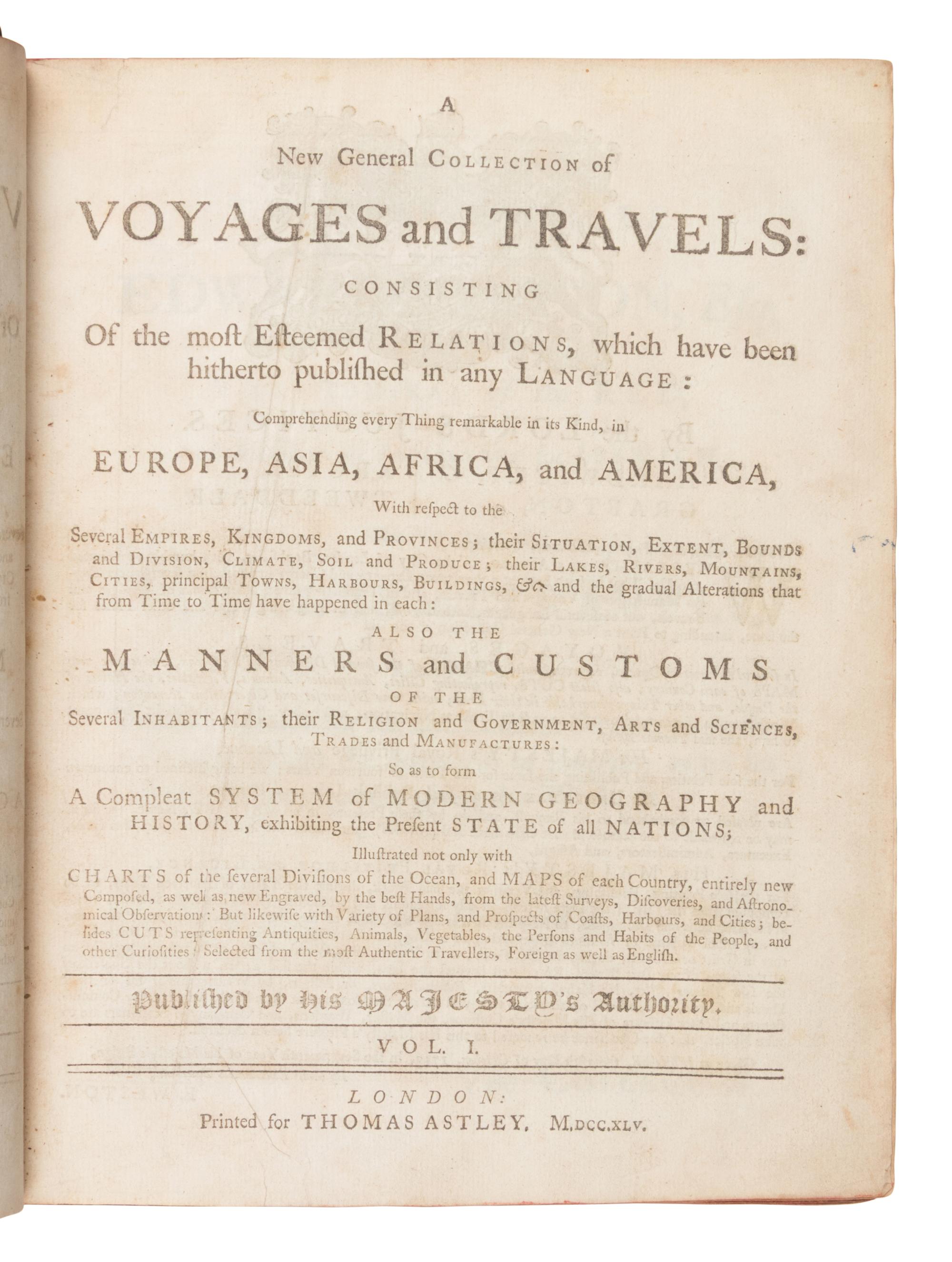 [Travel & Exploration]. Green, John (d. 1757), editor. A New General Collection of Voyages and Travels consisting of the most esteemed relations which have hitherto been published in any language, comprehending every thing remarkable in its kind in Europe, Asia, Africa and America... London: for Thomas Astley, 1745-1747.