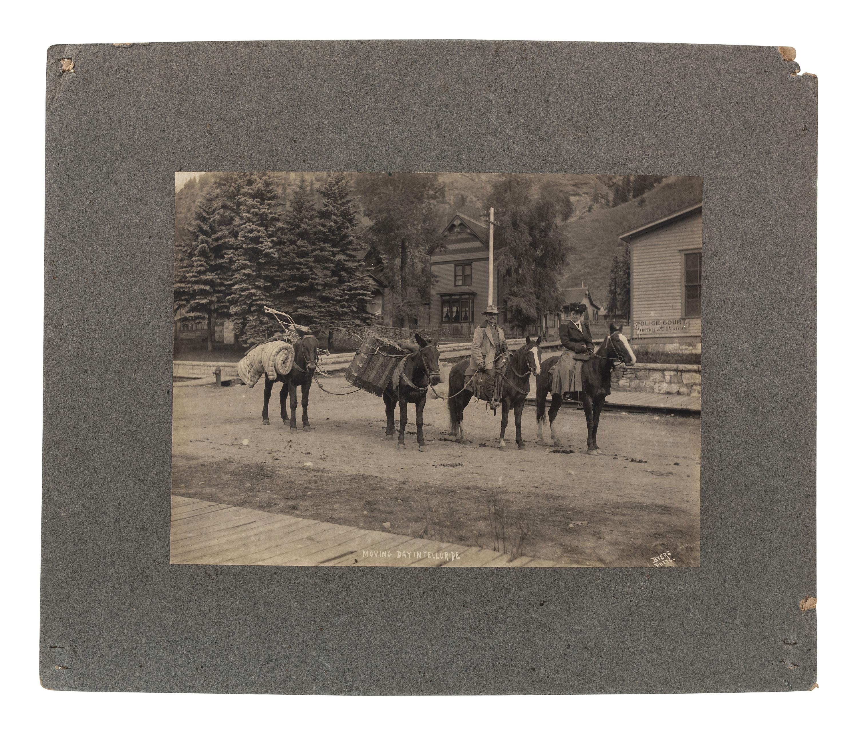 [COLORADO]. A group of 2 large format photographs of Colorado scenes, incl. view of Ouray and movers with pack horses in Tulluride. Ca 1880s.