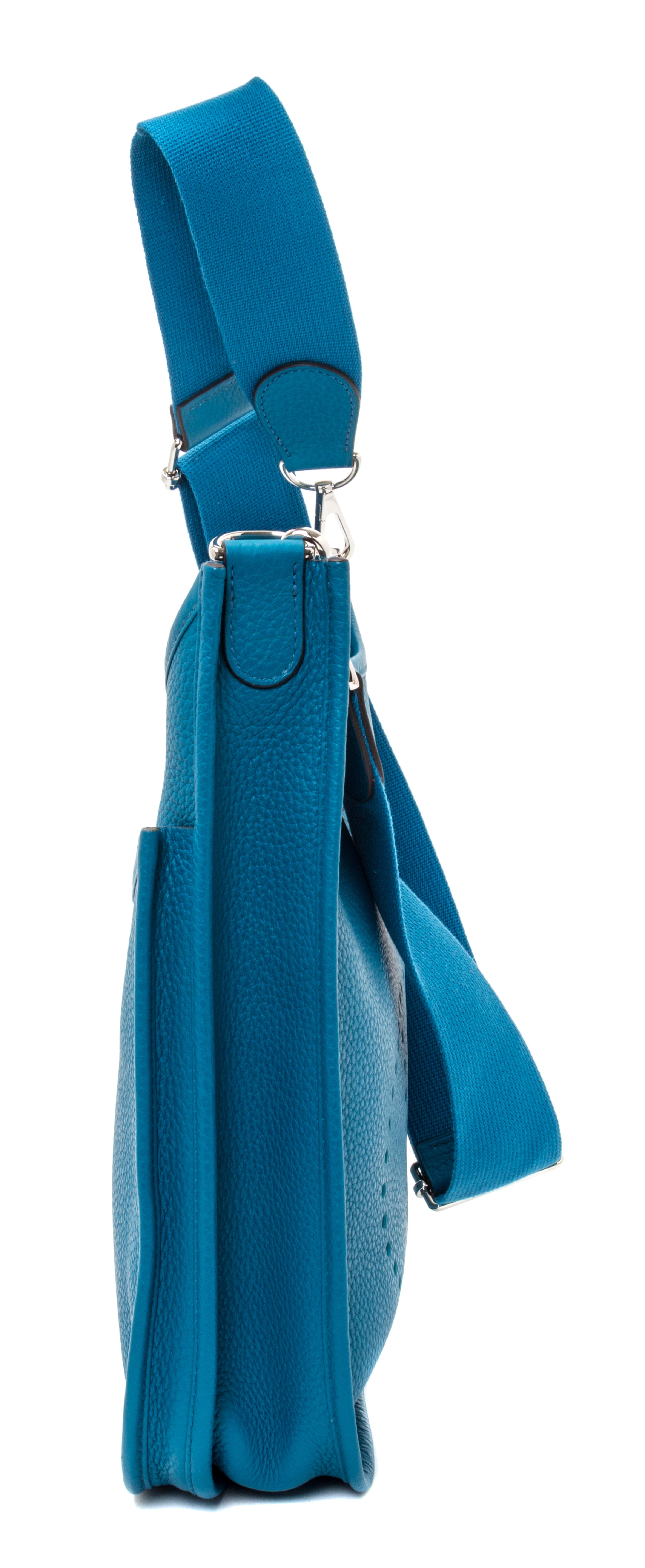 An Hermes Bleu Izmir Taurillon Clemence Evelyne III PM Handbag, 11.25" x 12" x 2.5".