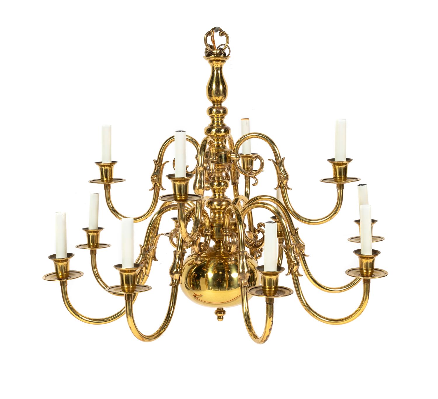 A Dutch Baroque Style Brass Twelve-Light Chandelier