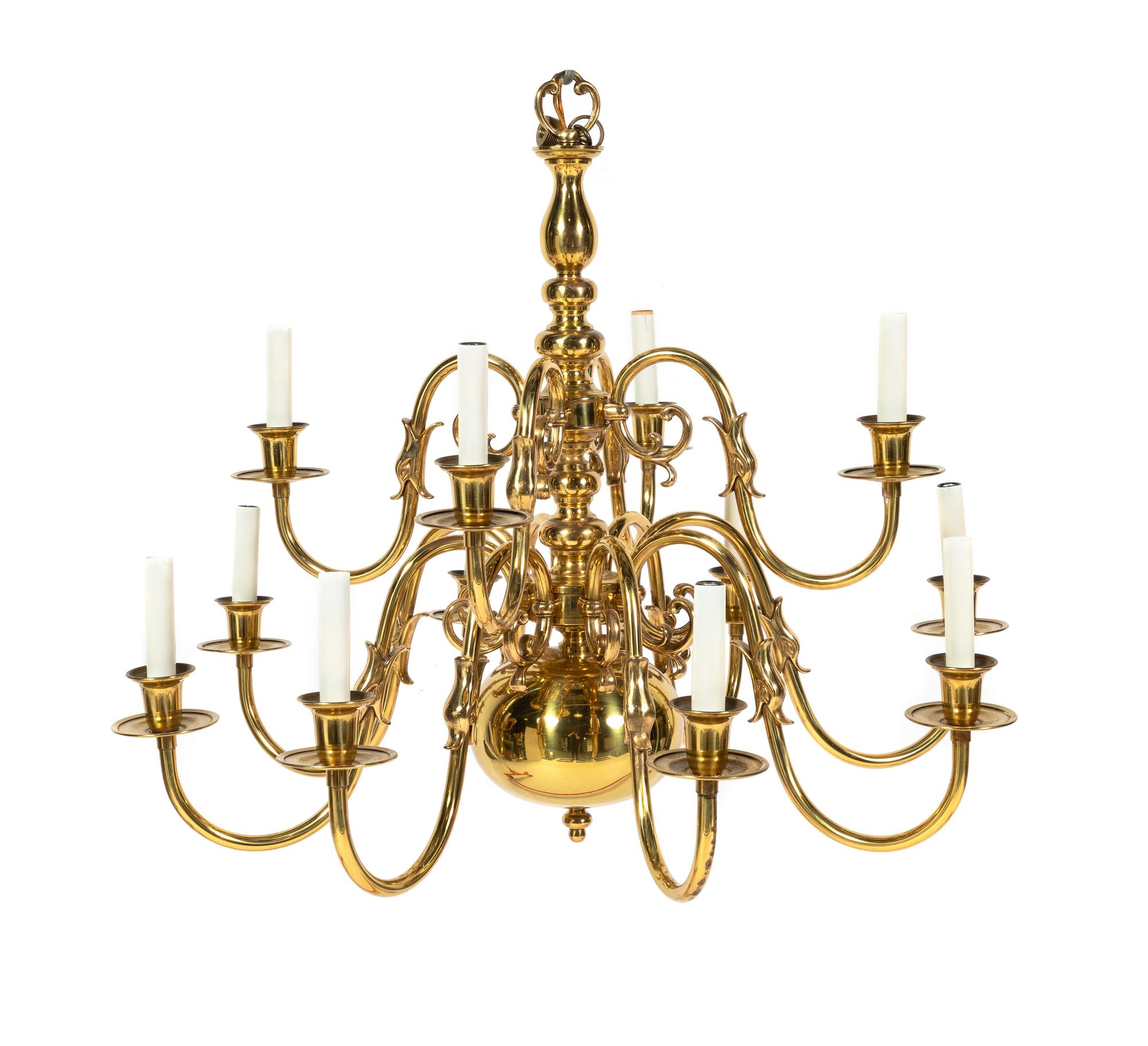 A Dutch Baroque Style Brass Twelve-Light Chandelier