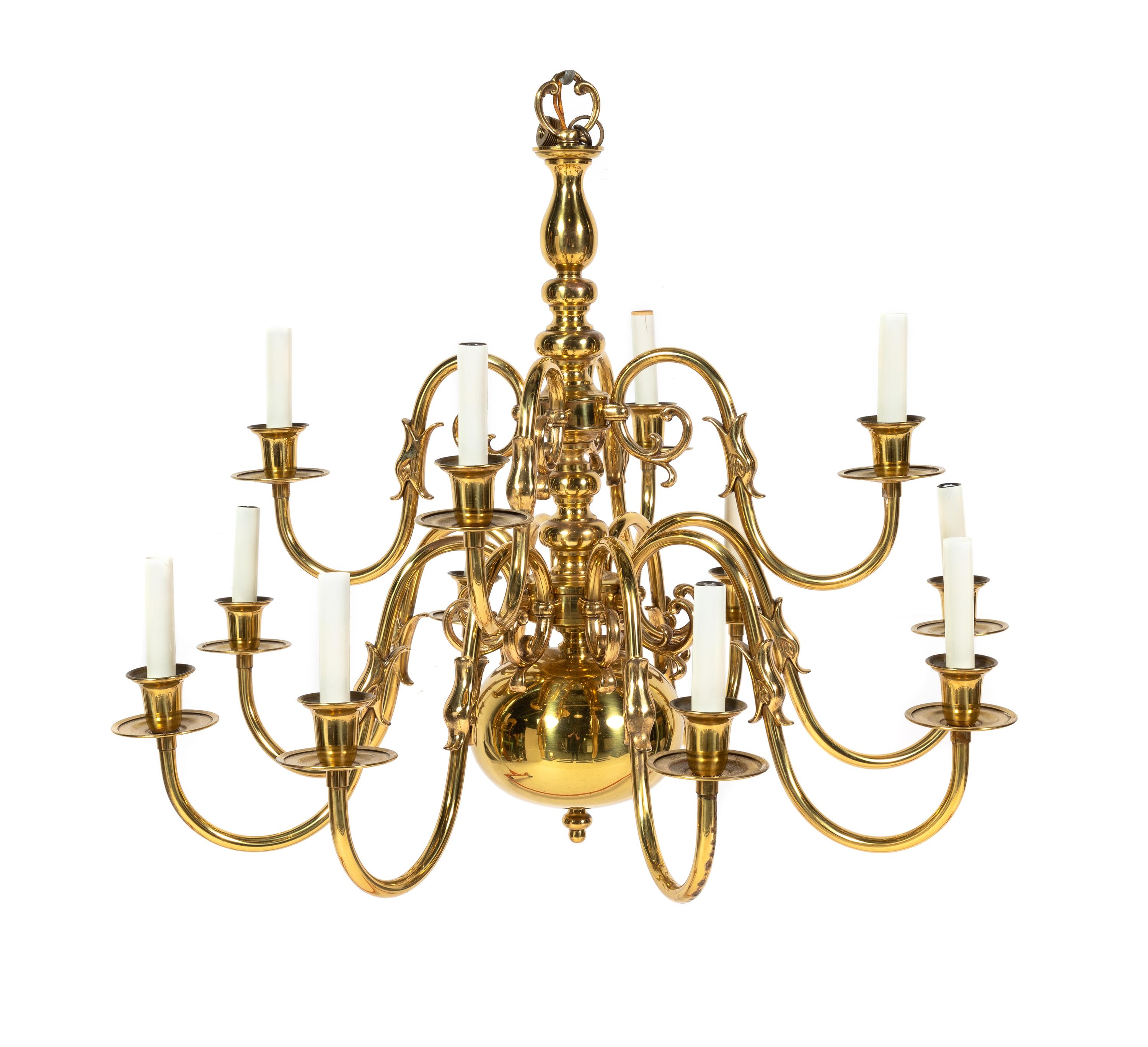 A Dutch Baroque Style Brass Twelve-Light Chandelier