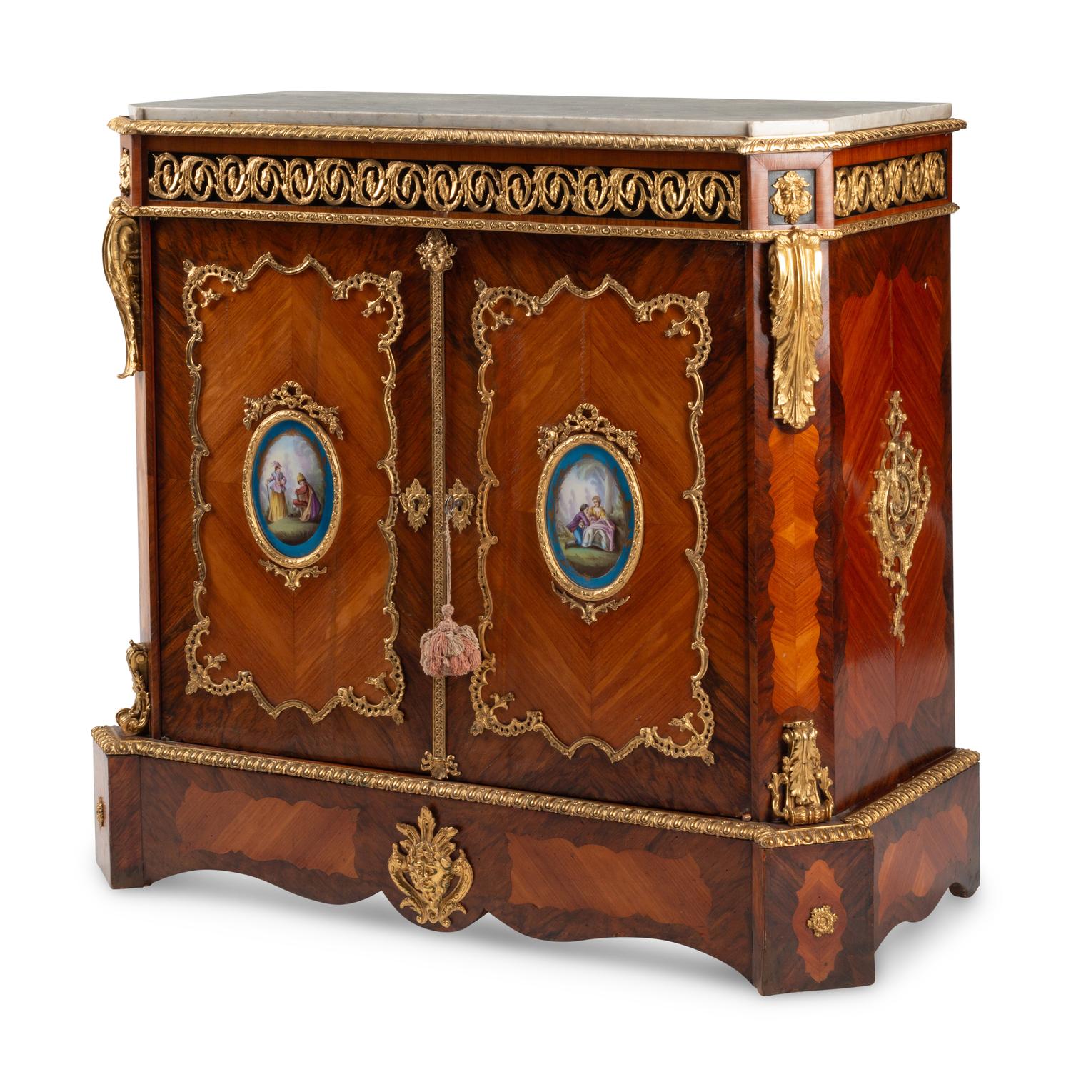 A French Gilt Bronze and Porcelain Plaque-Mounted Kingwood and Tulipwood Marble-Top Cabinet