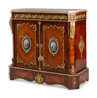 A French Gilt Bronze and Porcelain Plaque-Mounted Kingwood and Tulipwood Marble-Top Cabinet