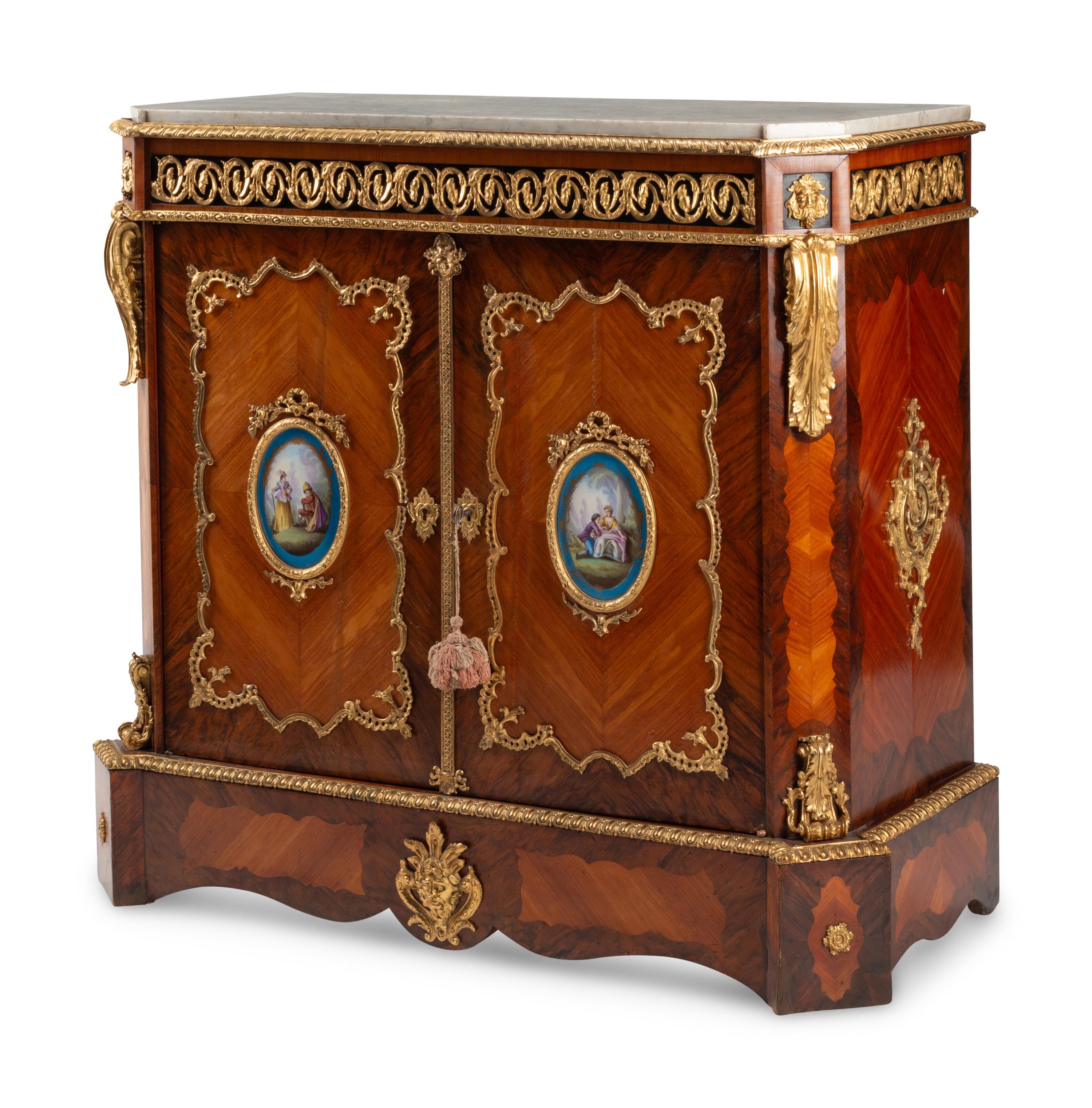 A French Gilt Bronze and Porcelain Plaque-Mounted Kingwood and Tulipwood Marble-Top Cabinet