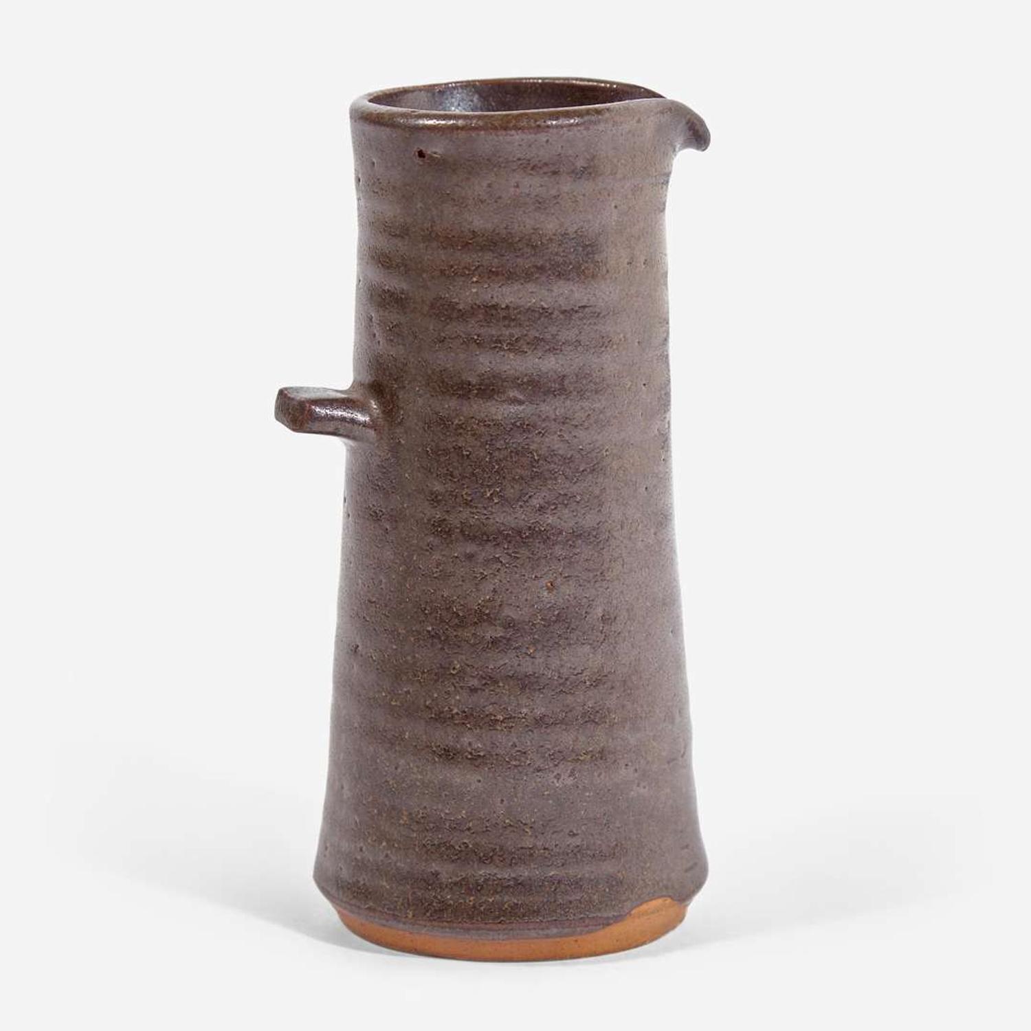 Bernard Leach (British, 1887-1979) St. Ives Carved Celadon Urn and Brown Glaze Creamer, UK, circa second quarter 20th century