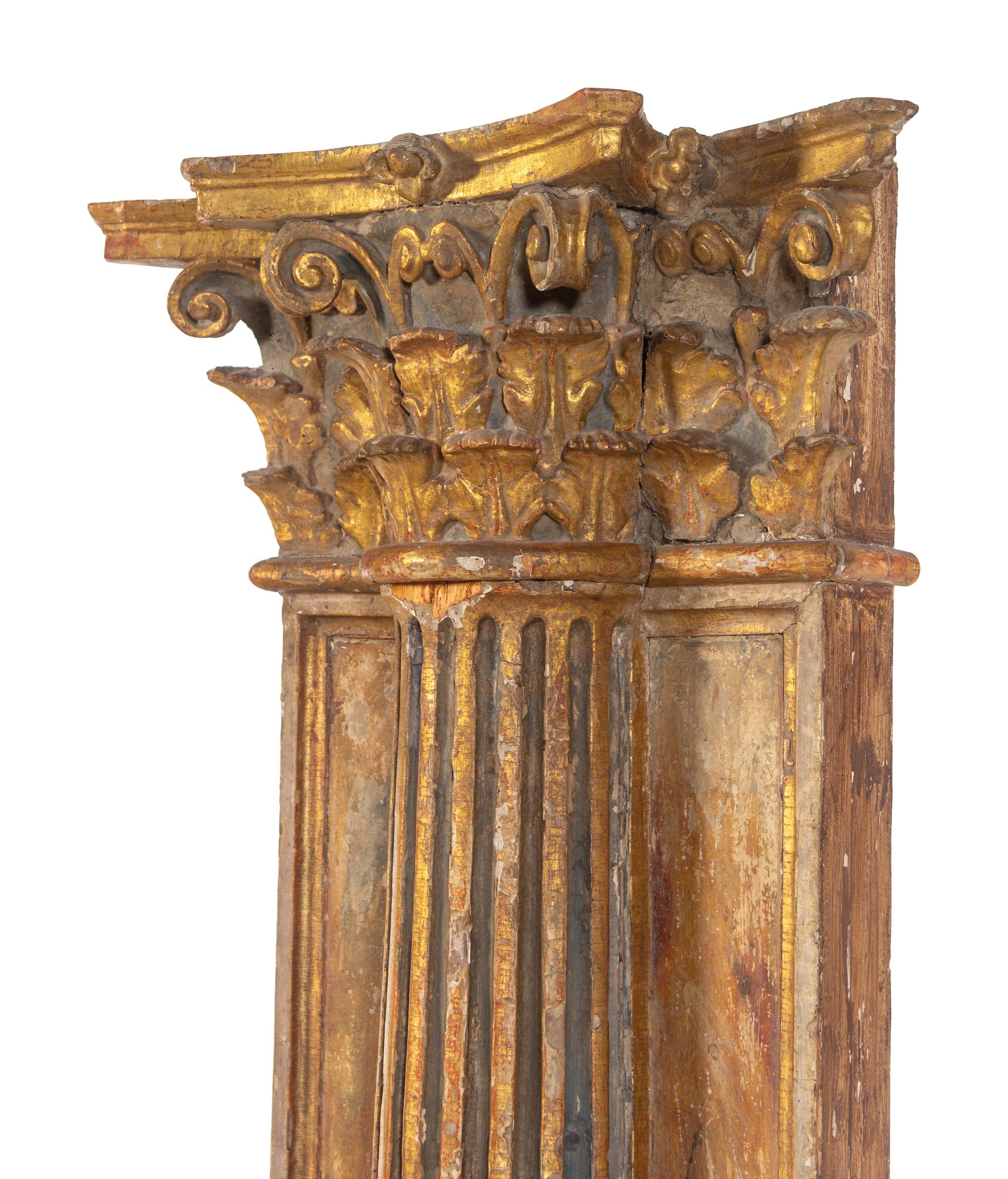 A Pair of Continental Painted and Parcel-Gilt Corinthian Columnar Pilasters
