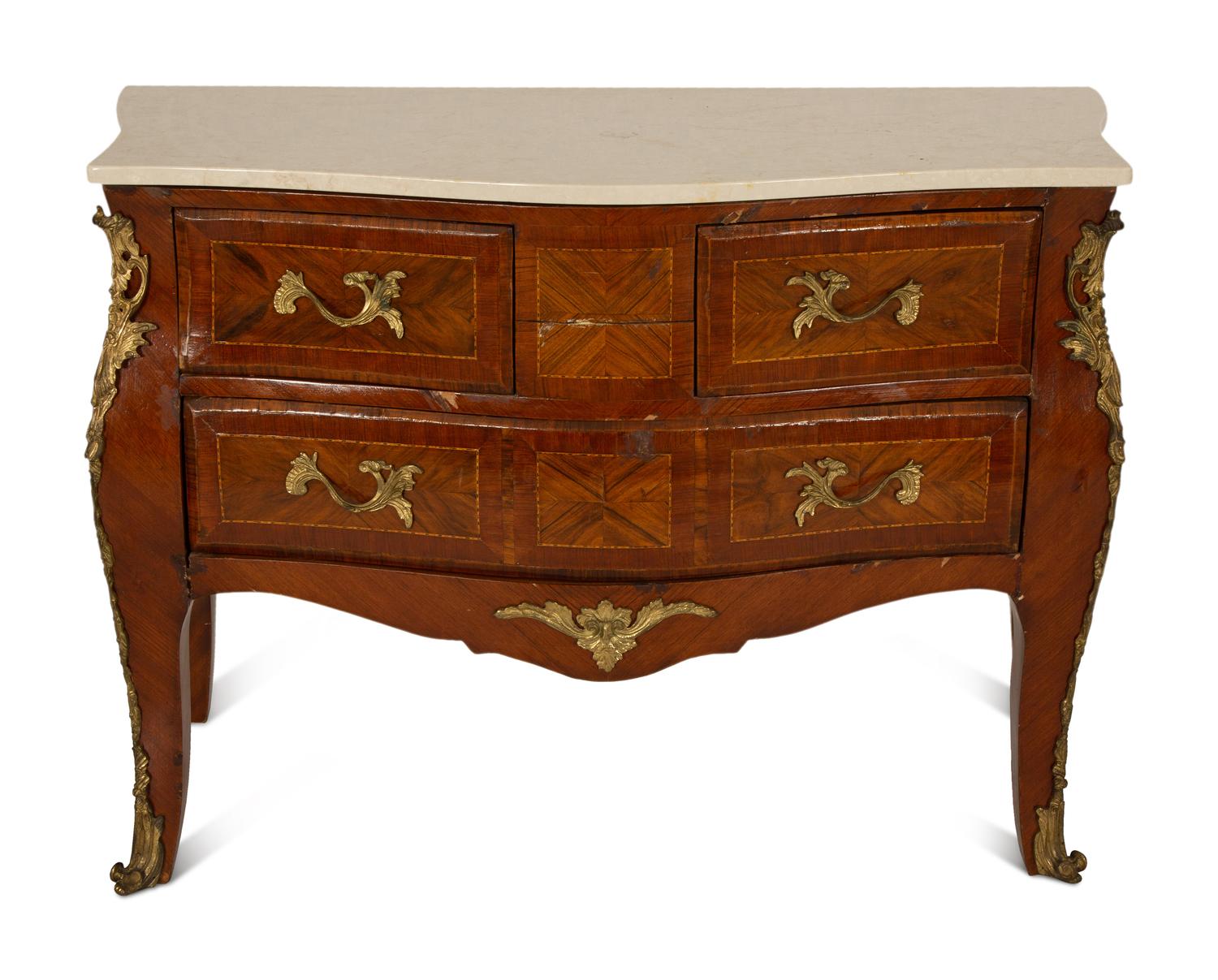 A Louis XV Style Gilt Metal Mounted Parquetry Kingwood Marble-Top Commode