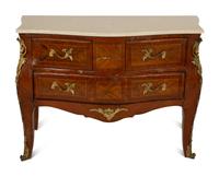 A Louis XV Style Gilt Metal Mounted Parquetry Kingwood Marble-Top Commode