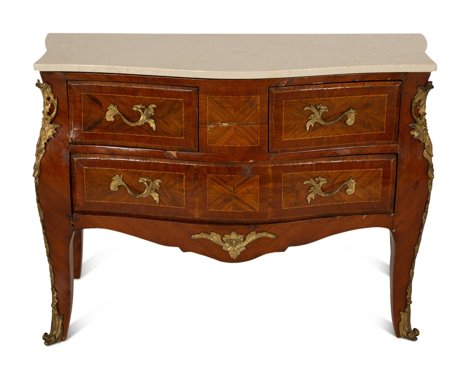 A Louis XV Style Gilt Metal Mounted Parquetry Kingwood Marble-Top Commode