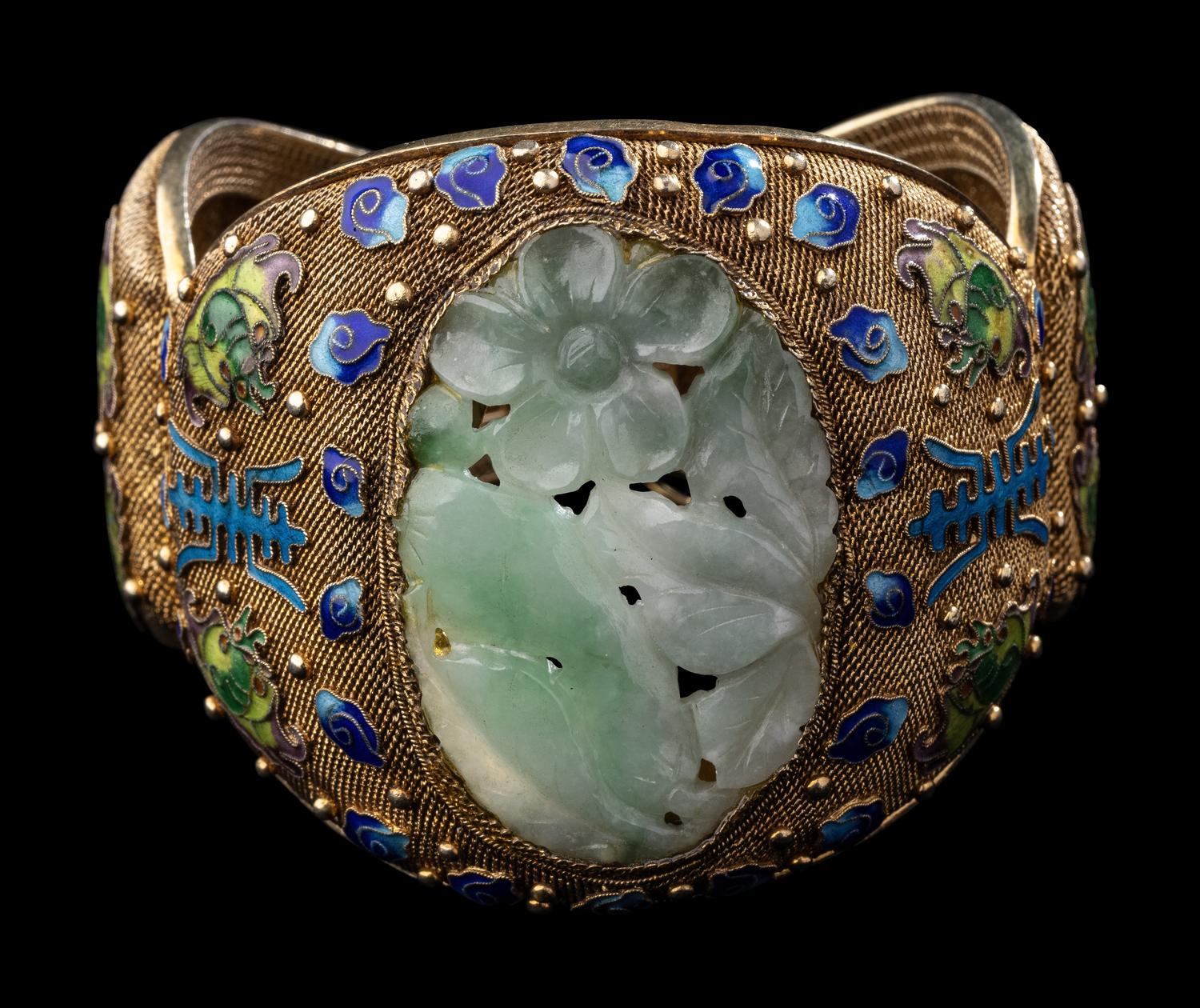 Three Chinese Jadeite Inset Gilt Metal Jewelry