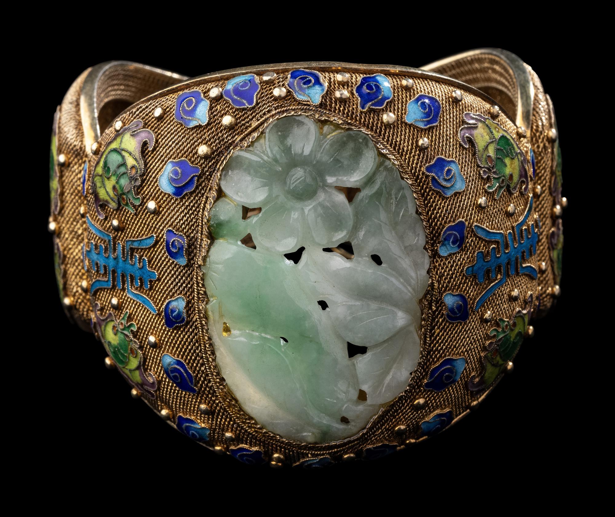 Three Chinese Jadeite Inset Gilt Metal Jewelry