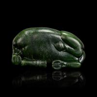A Chinese Spinach Jade Buffalo, Qing Dynasty 清 青玉臥牛
