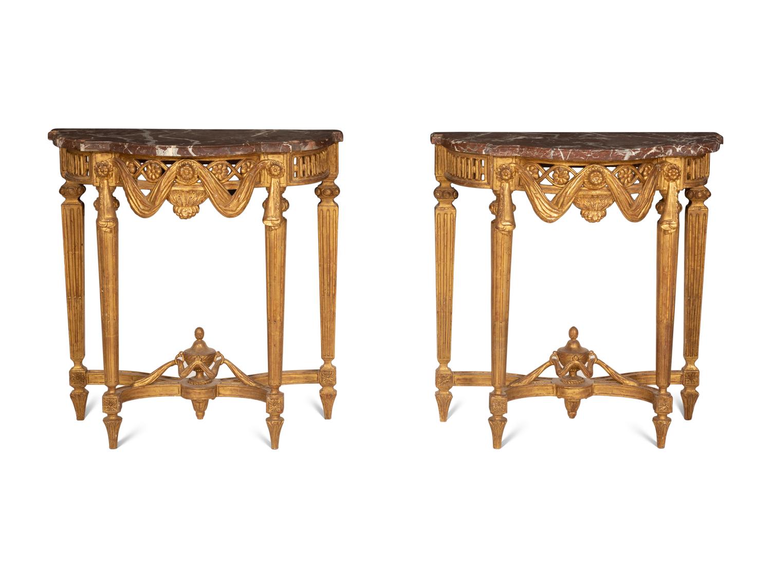 A Pair of Louis XVI Style Giltwood Marble-Top Console Tables