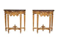 A Pair of Louis XVI Style Giltwood Marble-Top Console Tables