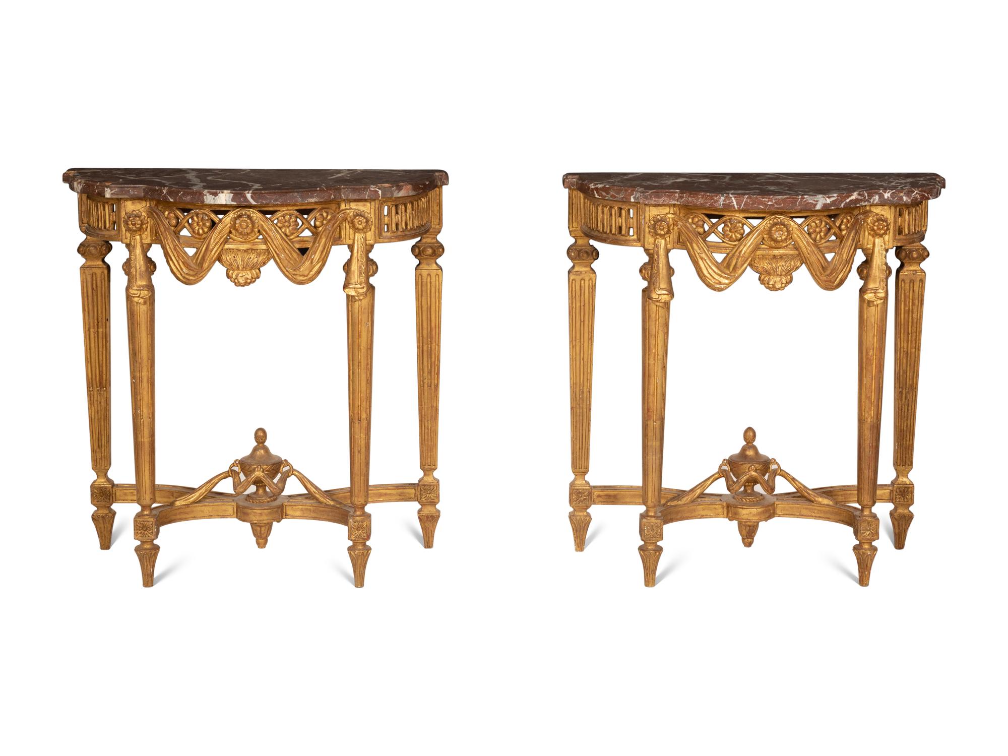 A Pair of Louis XVI Style Giltwood Marble-Top Console Tables