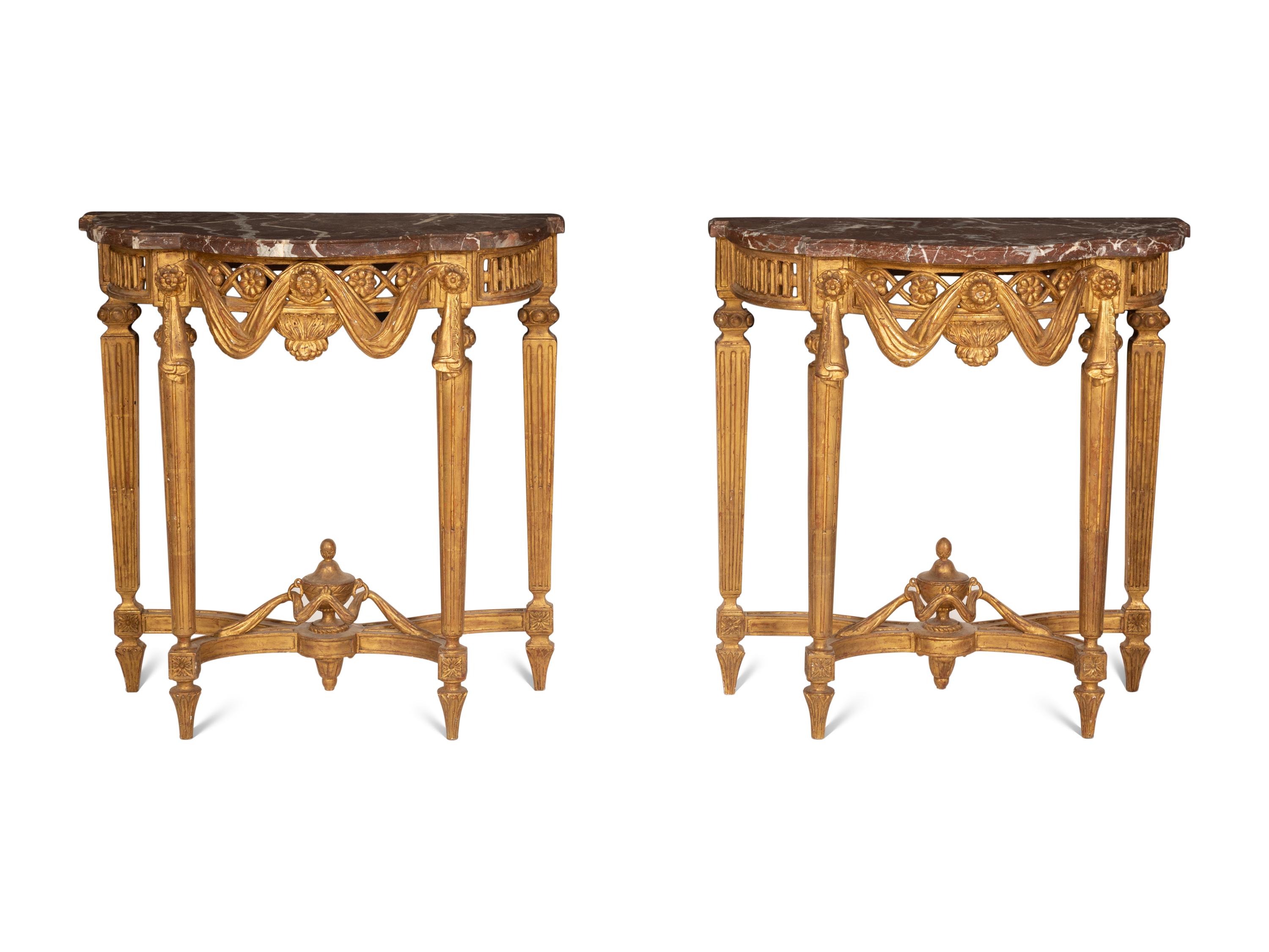 A Pair of Louis XVI Style Giltwood Marble-Top Console Tables
