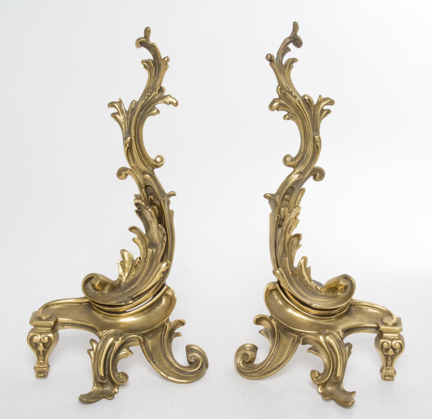 A Pair of Louis XV Style Brass Chenets Height 18 1/2 inches. — 20TH CENTURY