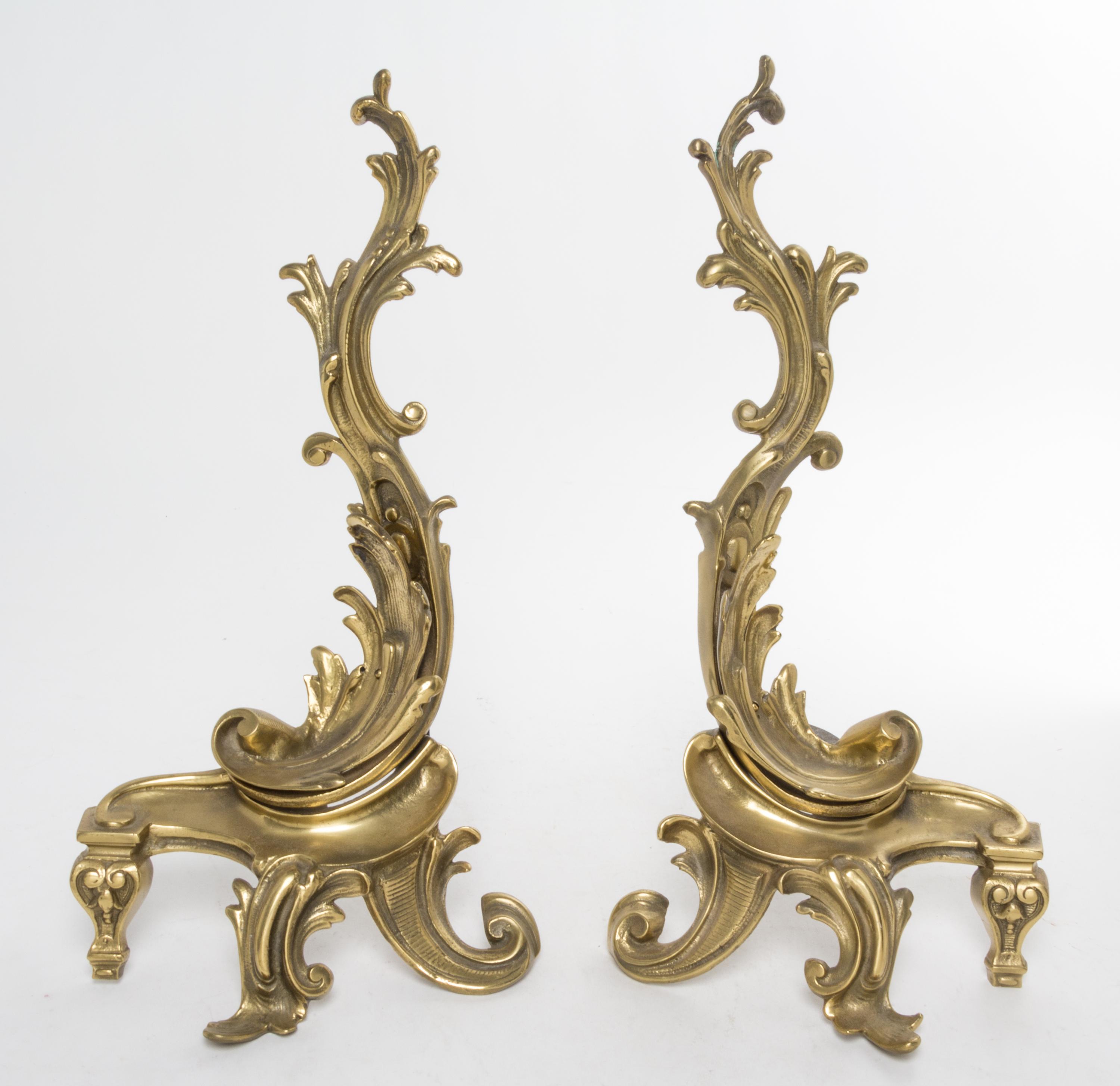A Pair of Louis XV Style Brass Chenets Height 18 1/2 inches. — 20TH CENTURY