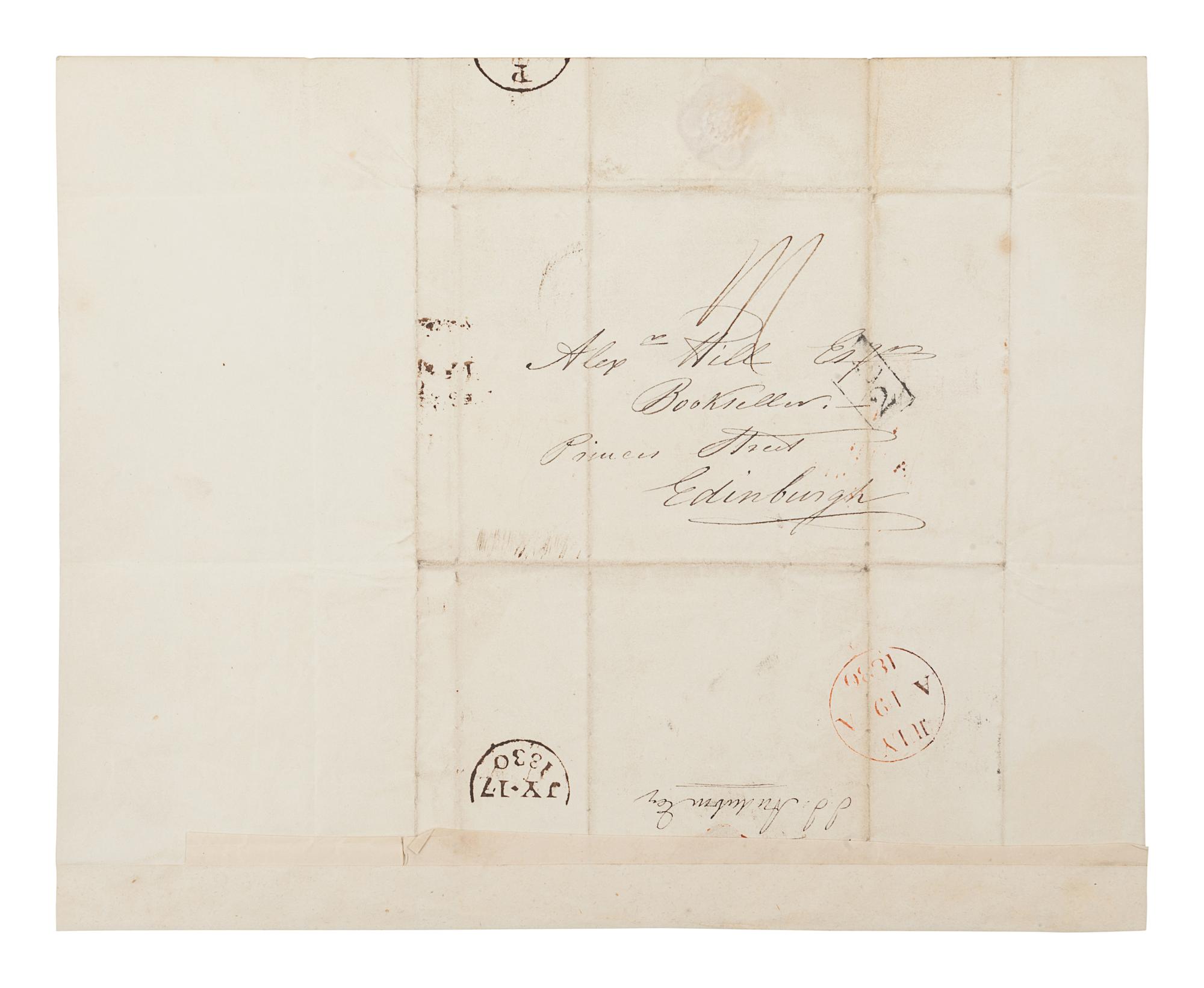 AUDUBON, John James (1785-1851). Autograph letter signed ("John J. Audubon") to Edinburgh bookseller Alexander Hill. London, 17 July 1830. One page, 4to (252 x 202 mm), with integral leaf addressed in holograph. Mailing folds, a few minor spots, remnants of mounting strip on integral address leaf.