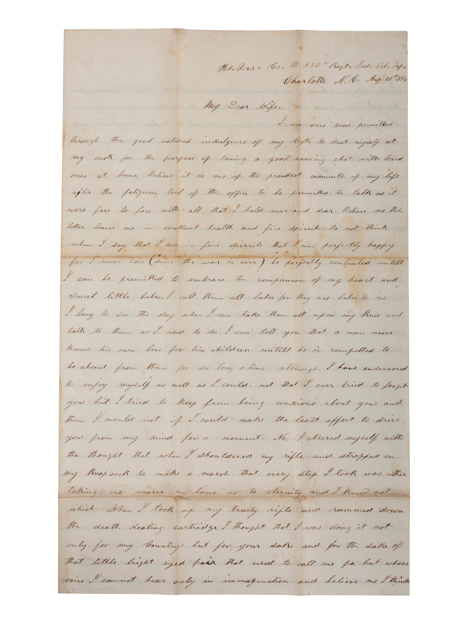 [CIVIL WAR]. Sergeant Francis M.G. Melton, Company B, 130th Indiana Volunteer Infantry Regiment. Autographed letter referencing a corps badge. Charlotte, NC, 21 August 1865.