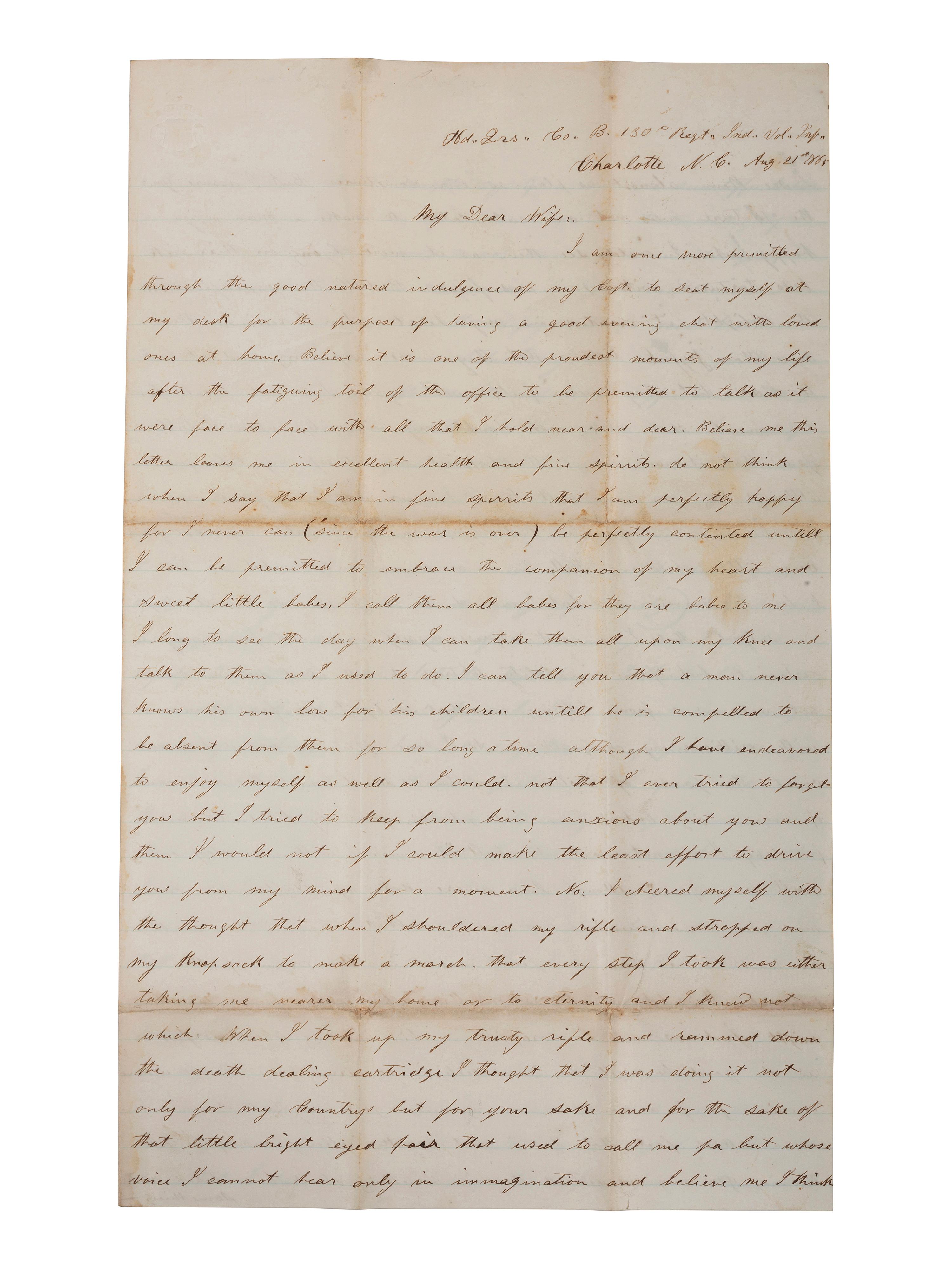 [CIVIL WAR]. Sergeant Francis M.G. Melton, Company B, 130th Indiana Volunteer Infantry Regiment. Autographed letter referencing a corps badge. Charlotte, NC, 21 August 1865.