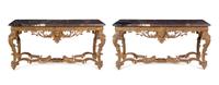 A Pair of Louis XV Style Giltwood Marble-Top Console Tables
