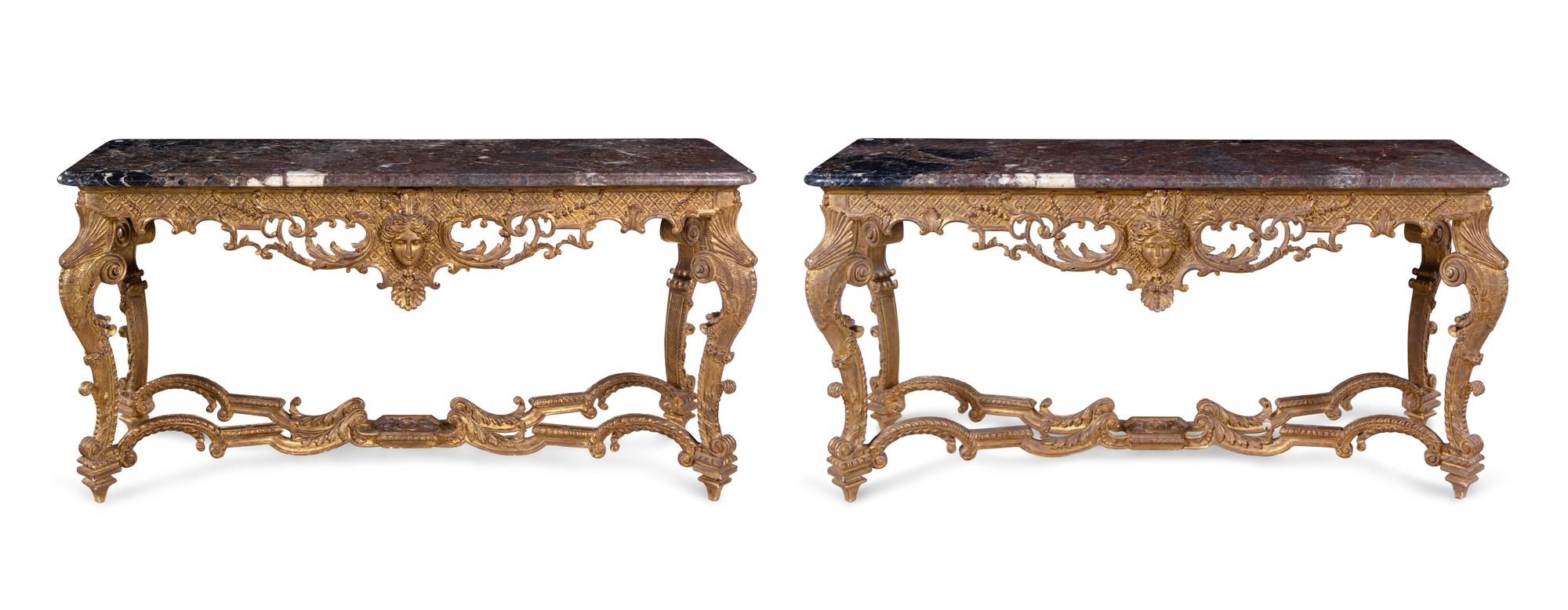 A Pair of Louis XV Style Giltwood Marble-Top Console Tables