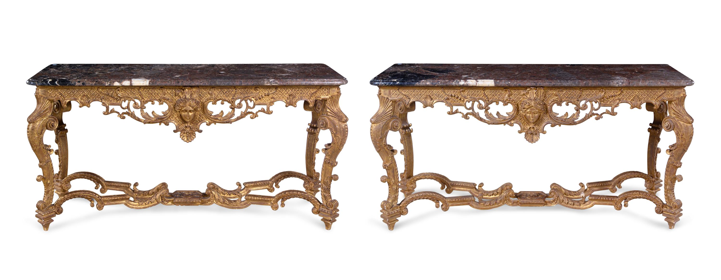 A Pair of Louis XV Style Giltwood Marble-Top Console Tables