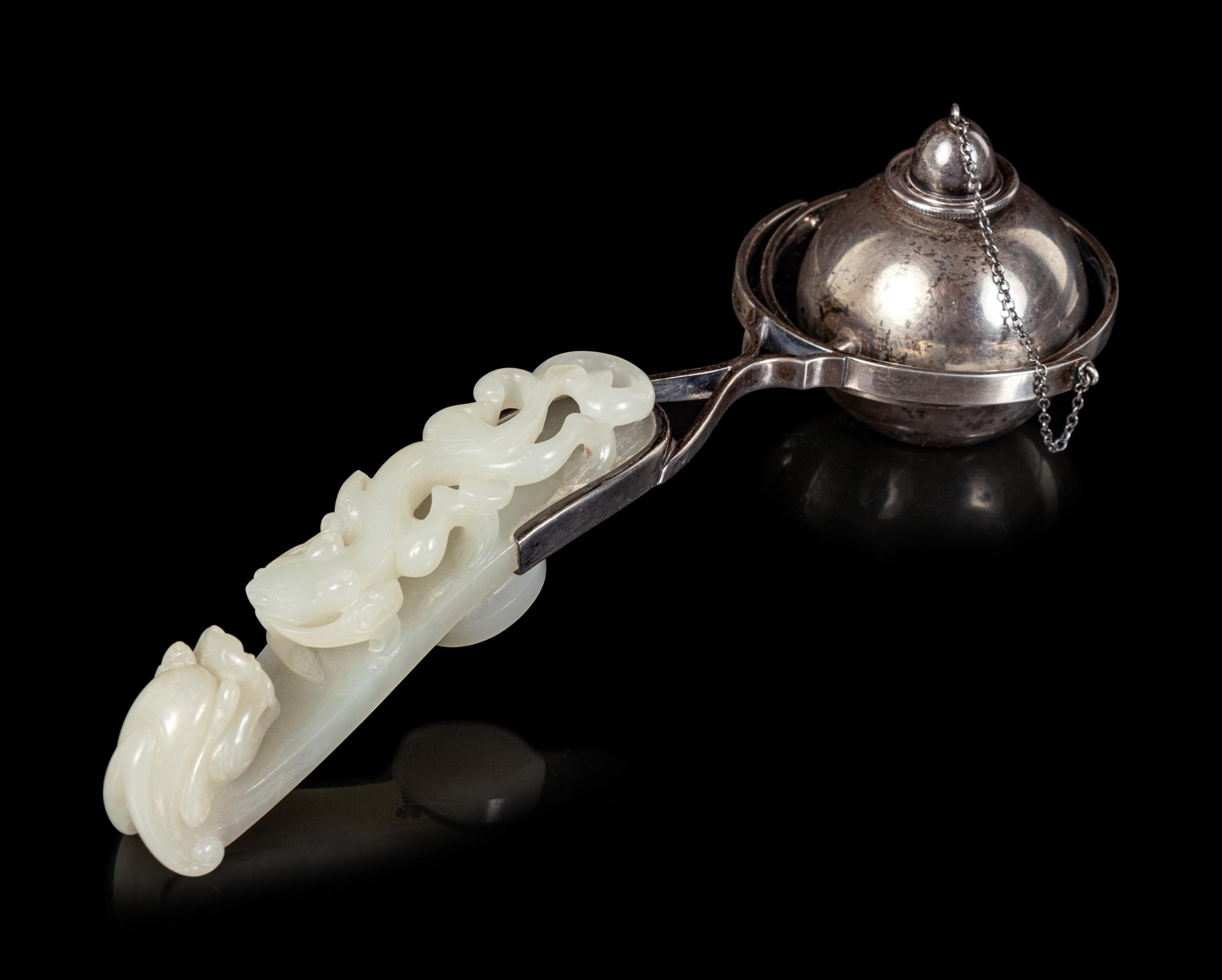 A White Jade Mounted Silver Gimbal Cigar Lighter