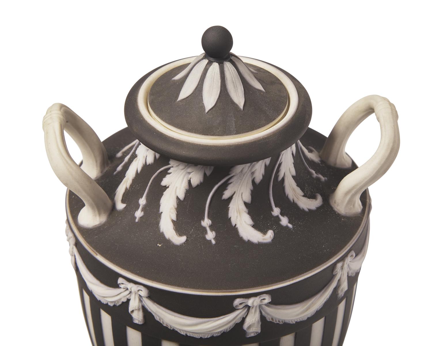A Wedgwood Engine Turned Jasperware Vase and Cover