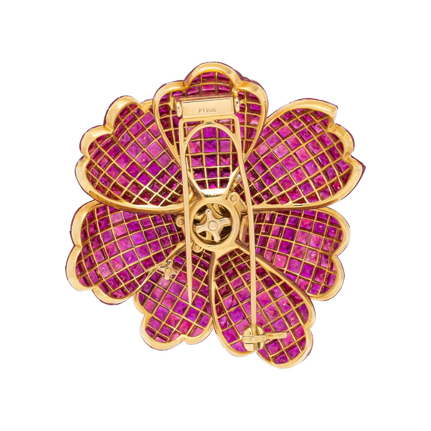 RUBY AND DIAMOND FLOWER BROOCH